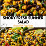 Bowl of grilled corn and black bean salad garnished with cilantro and lime for a super healthy salad recipe.